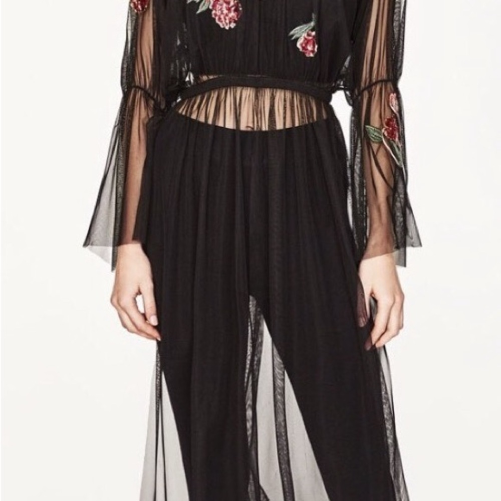 Zara Black Sheer Tunic with Red Floral Embroidery